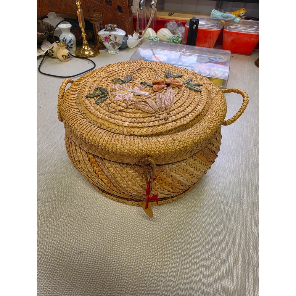 Vintage Woven Straw Sewing Basket Red Lining Raffia Floral Embroidery Round 9"